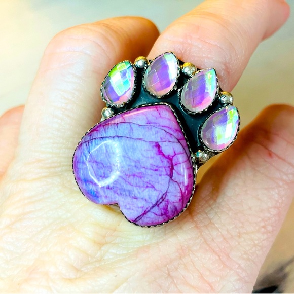 ✨NWT M&S STERLING SILVER PINK MOONSTONE MYSTIC OPAL PAW RING - Picture 3 of 5